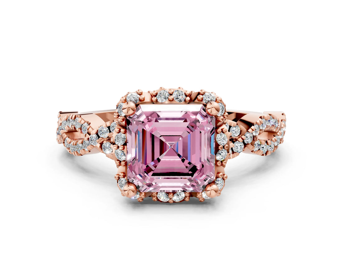 Rose gold Fancy Pink Asscher  Halo Twist Band Solitaire Ring with Six-Prong Setting_31