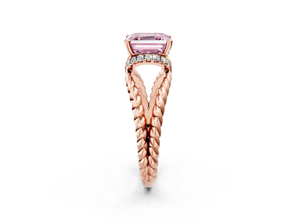 Rose Gold Asscher Cut Engagement Ring Setting for Fancy Pink Center with Rope Split Shank
