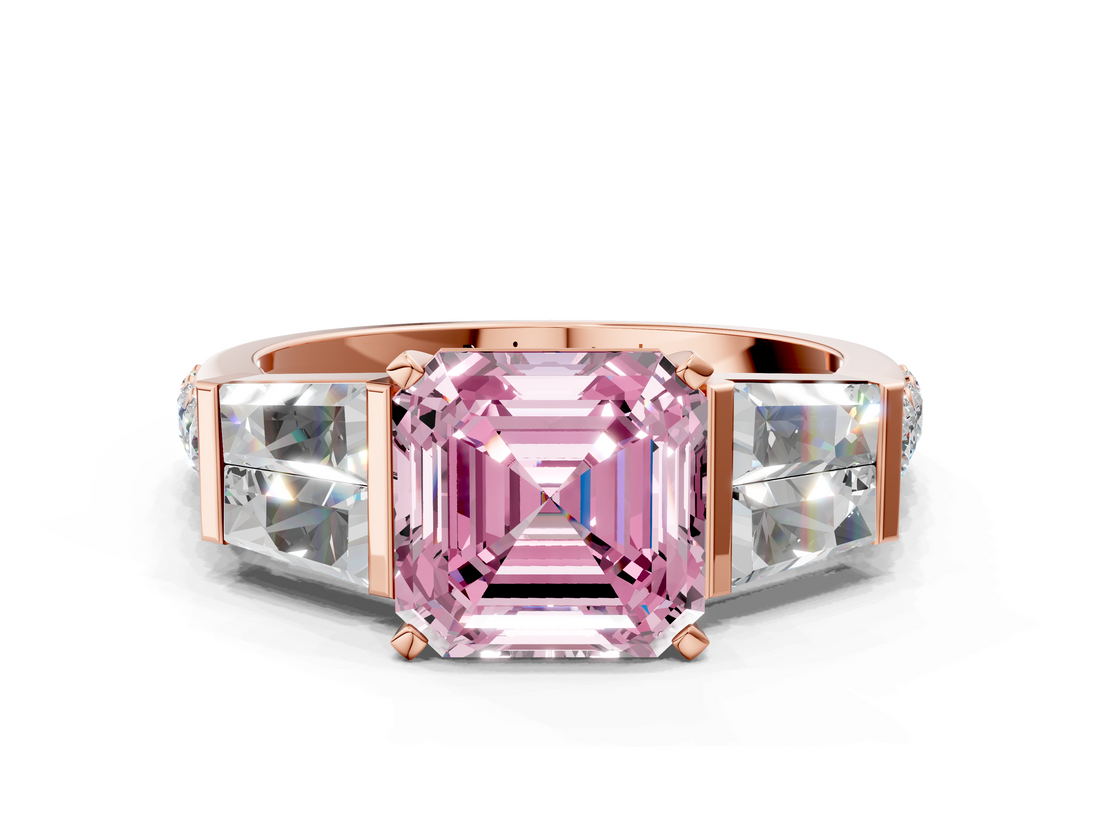 Rose gold Fancy Pink Asscher  Solitaire Baguette Side Stone Channel Set Engagement Ring