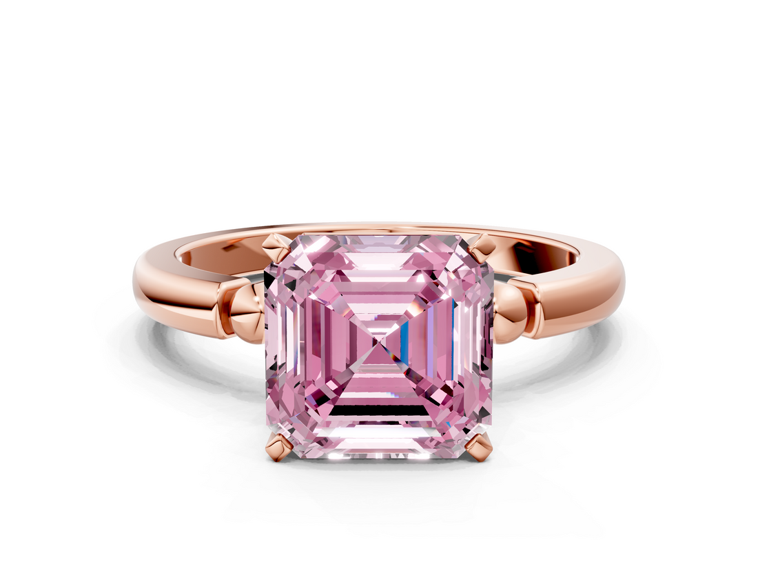 Rose gold Fancy Pink Asscher  Solitaire Beaded Band with Four-Prong Setting
