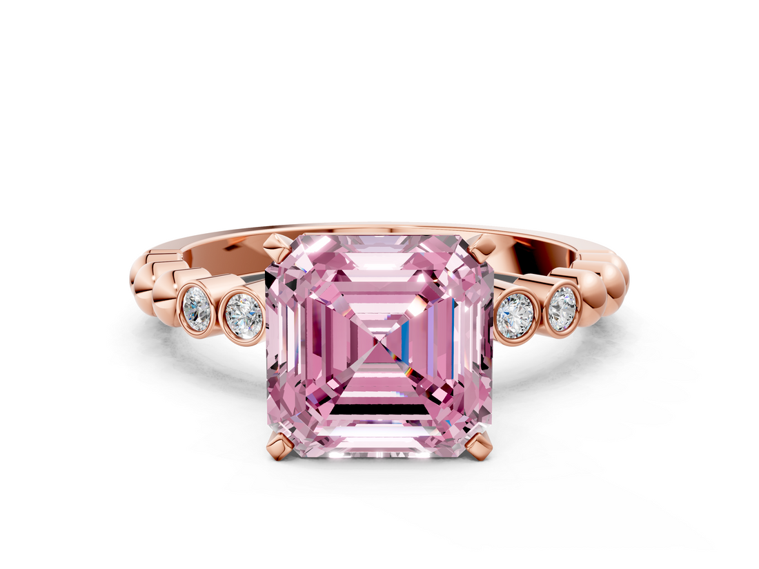 Rose gold Fancy Pink Asscher  Solitaire Bezel Accent Diamond Engagement Ring with Beaded Band and Four-Prong Setting