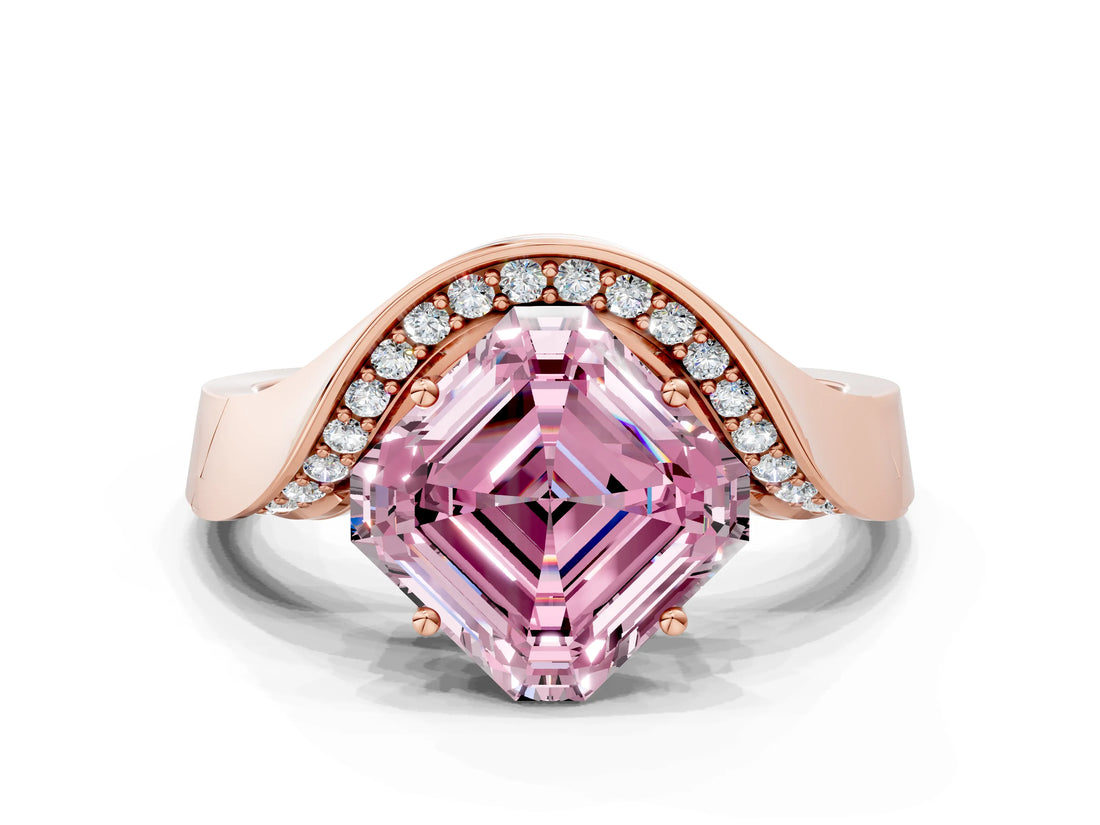 Rose gold Fancy Pink Asscher  Solitaire Diamond Engagement Ring with Pave Band and Four-Prong Setting 2