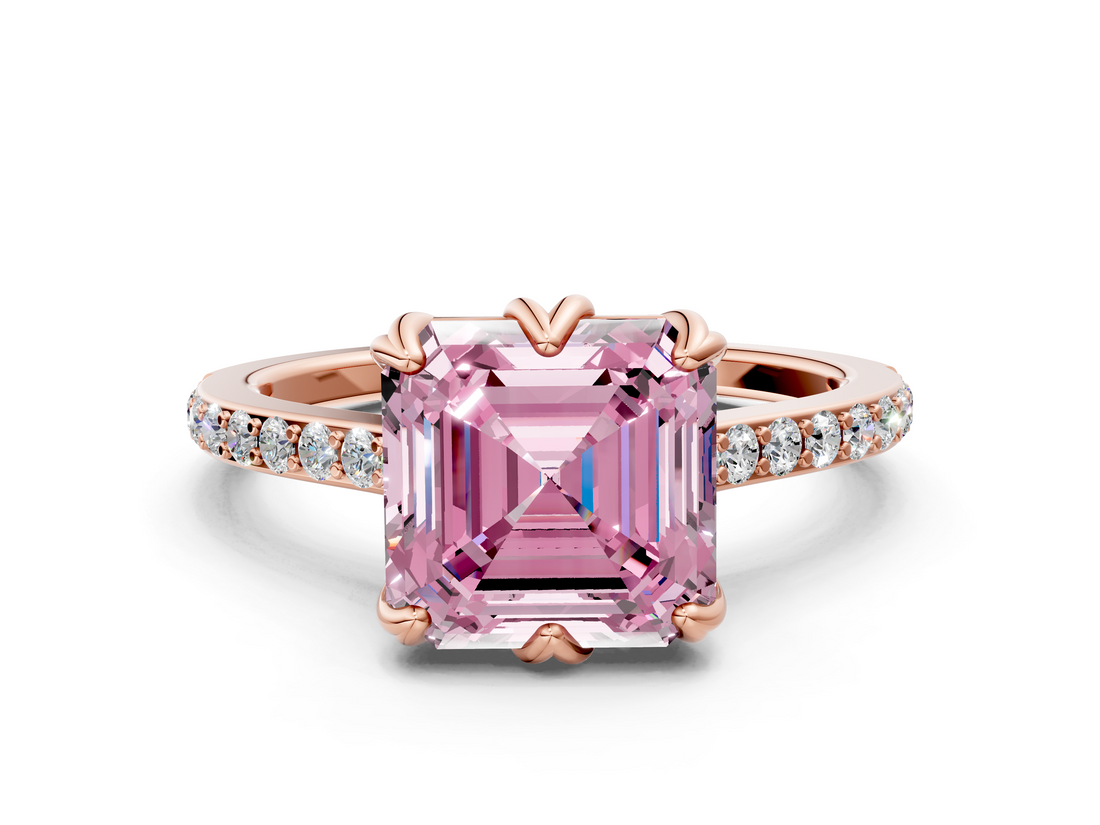 Rose gold Fancy Pink Asscher  Solitaire Diamond Engagement Ring with Pave Band and Six-Prong Setting