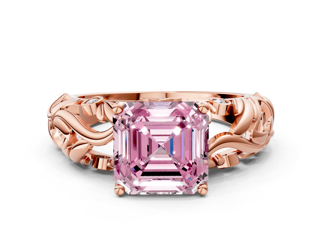 Rose gold Fancy Pink Asscher  Solitaire Diamond Leaf Vine Band with Prong Setting_17