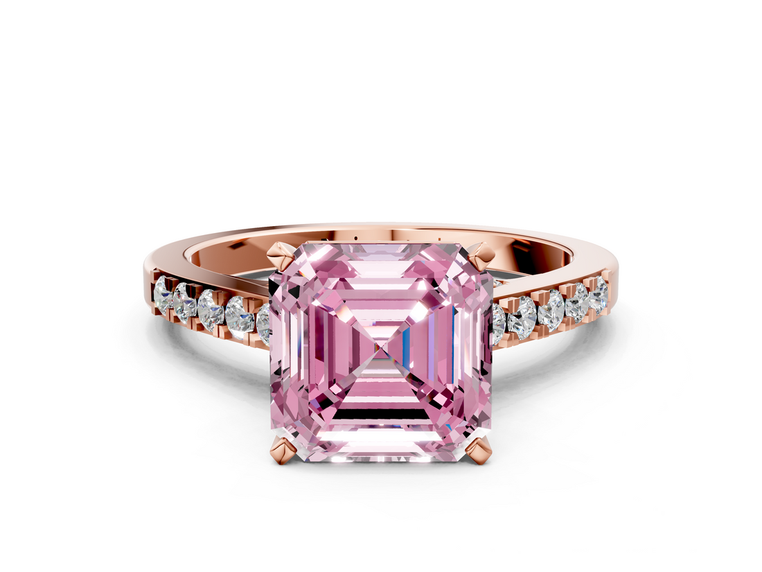 Rose gold Fancy Pink Asscher  Solitaire Diamond Ring with Pavé Band and Four-Prong Setting