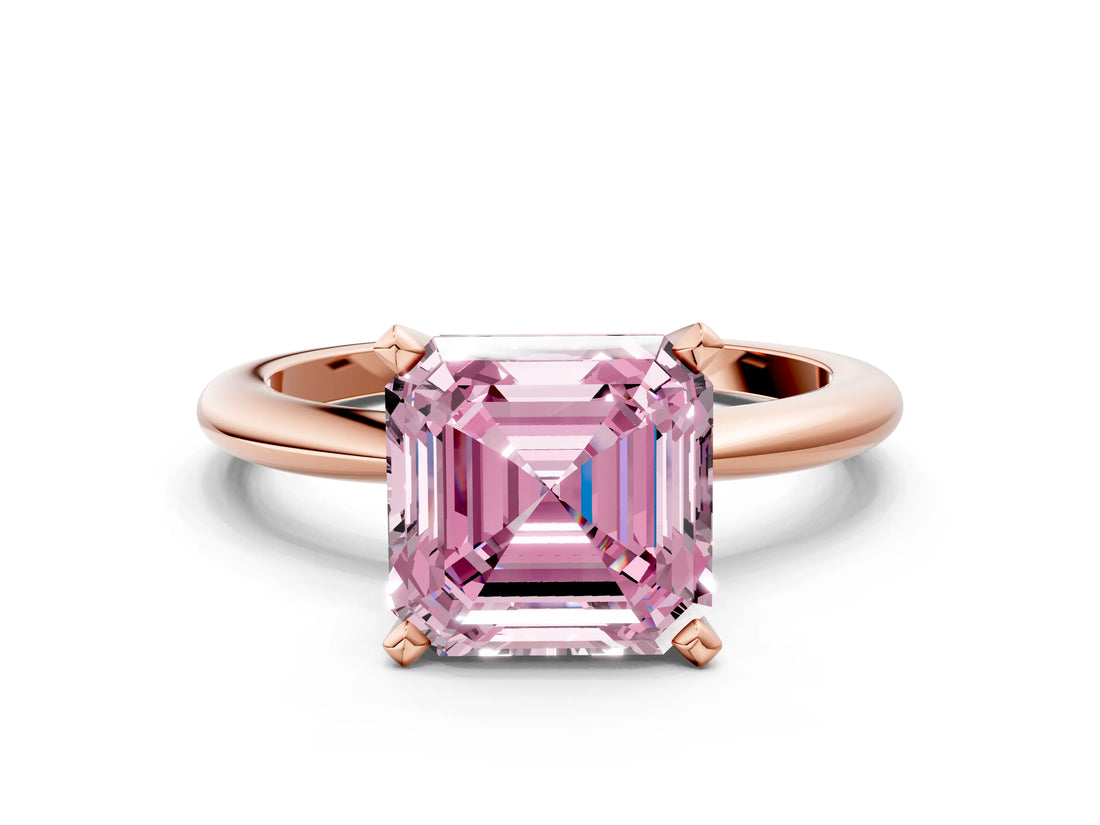 Rose gold Fancy Pink Asscher  Solitaire Diamond Ring with Six-Prong Setting on a Classic Band