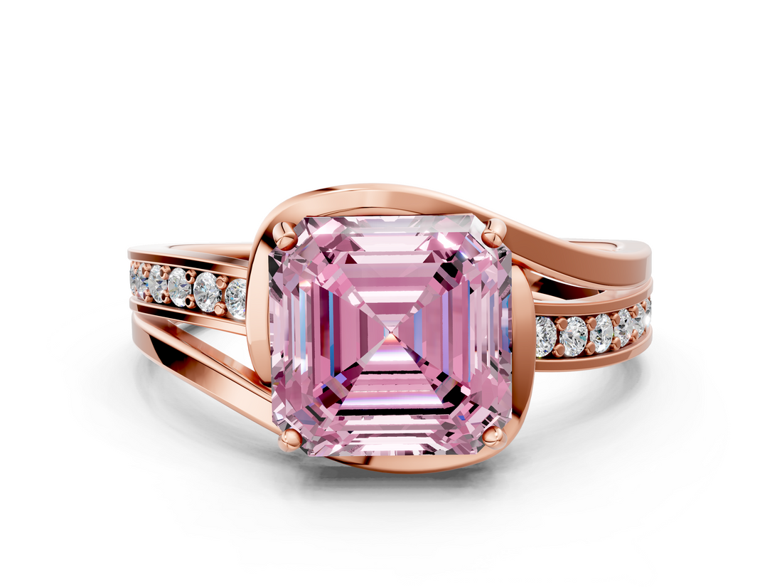 Rose gold Fancy Pink Asscher  Solitaire Diamond Ring with Split Shank and Prong Setting