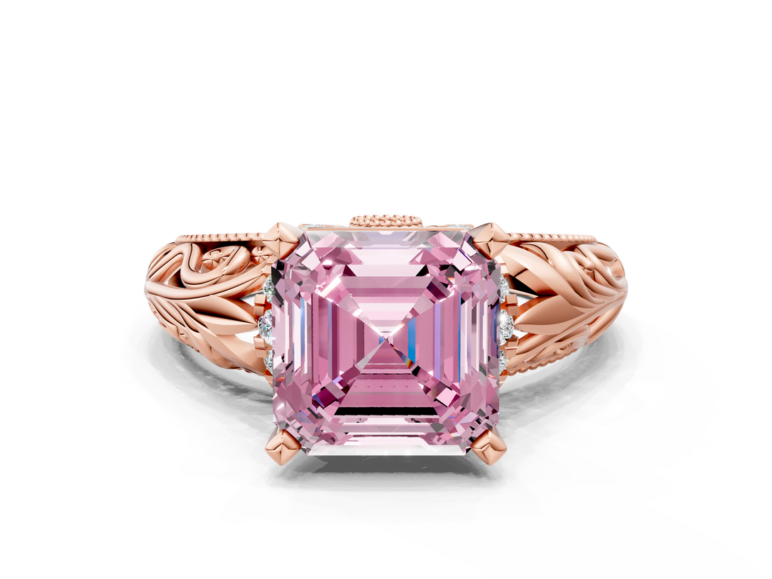 Rose gold Fancy Pink Asscher  Solitaire Filigree Engagement Ring with Halo and Prong Setting_16