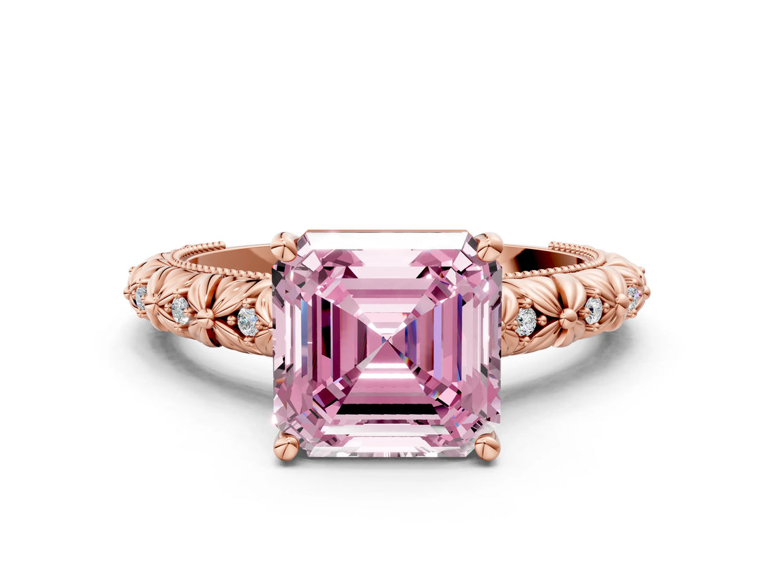 Rose gold Fancy Pink Asscher  Solitaire Floral Milgrain Engagement Ring_36