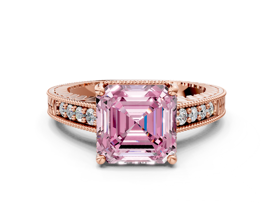 Rose gold Fancy Pink Asscher  Solitaire Pavé Diamond Milgrain Engagement Ring with Four-Prong Setting