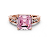 Rose gold Fancy Pink Asscher  Solitaire Pavé Diamond Milgrain Engagement Ring with Four-Prong Setting