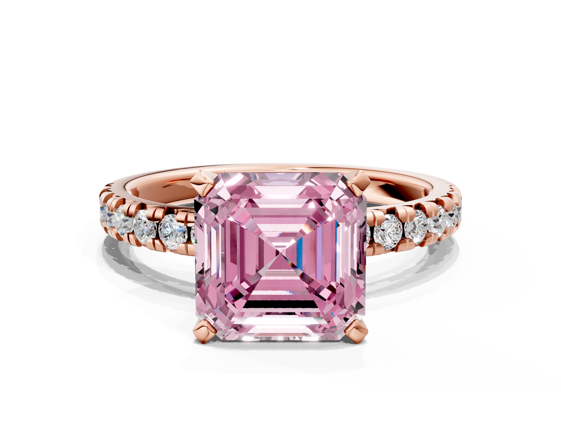 Rose gold Fancy Pink Asscher  Solitaire Pave Diamond Engagement Ring with Four-Prong Setting