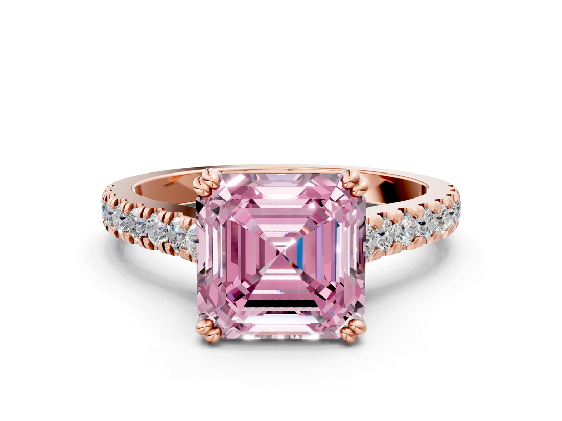 Rose gold Fancy Pink Asscher  Solitaire Pave Diamond Engagement Ring with Prong Setting