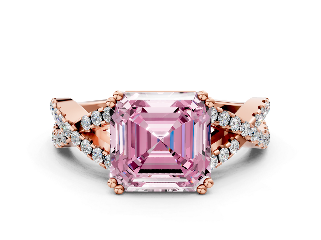 Rose gold Fancy Pink Asscher  Solitaire Twist Band with Pavé Setting and Four-Prong Setting