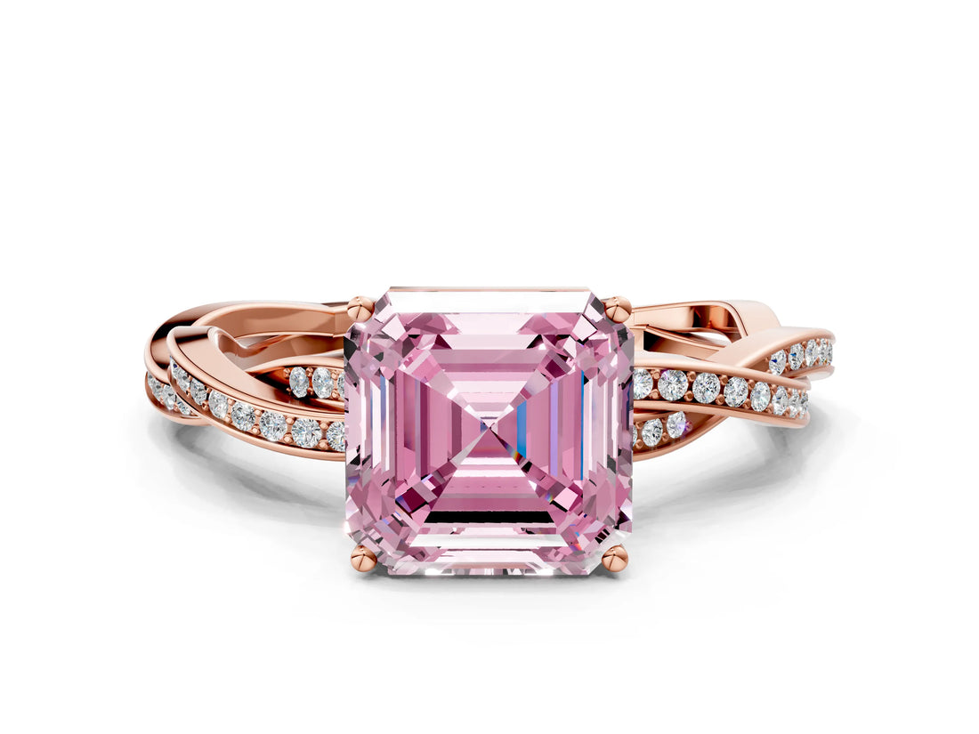 Rose gold Fancy Pink Asscher  Solitaire Twisted Pave Diamond Ring with Four-Prong Setting_114