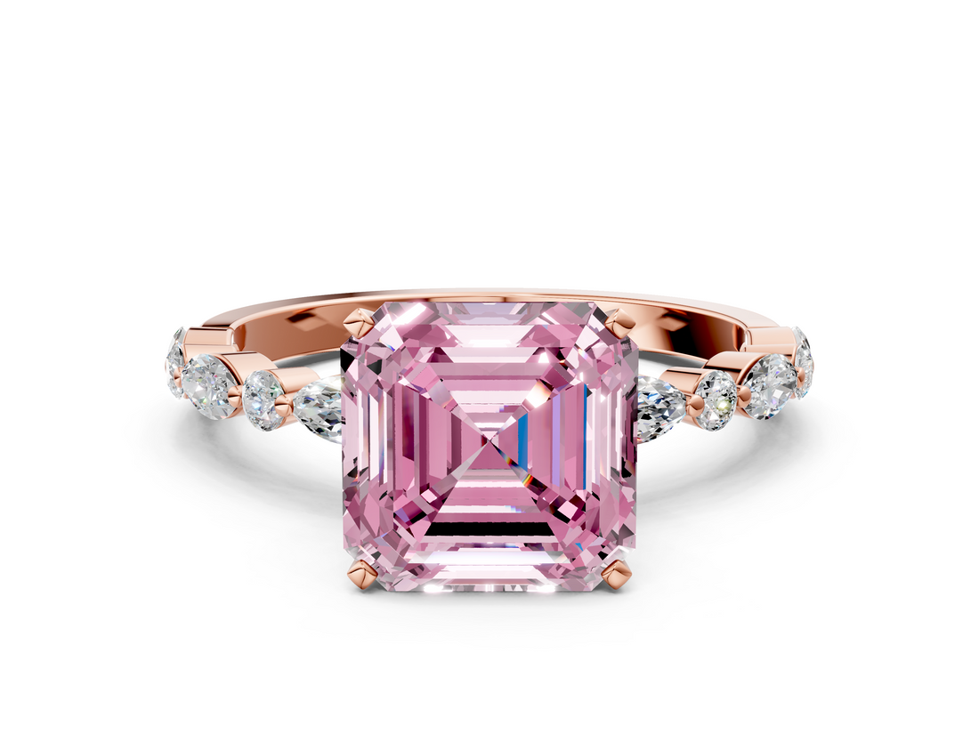 Rose gold Fancy Pink Asscher  Solitaire with Side Stones on a Pavé Band and Four-Prong Setting