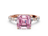 Rose gold Fancy Pink Asscher  Solitaire with Side Stones on a Pavé Band and Four-Prong Setting