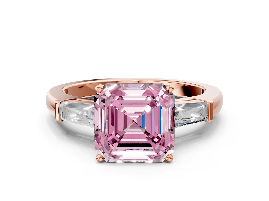 Rose gold Fancy Pink Asscher  Solitaire with Tapered Baguette Side Stones on a Classic Band with Four-Prong Setting