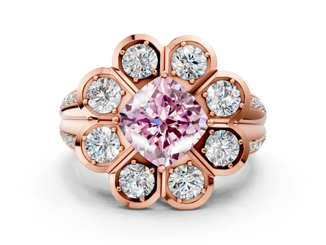Rose gold Fancy Pink Cushion  Brilliant Flower Halo Diamond Split Shank Ring_105