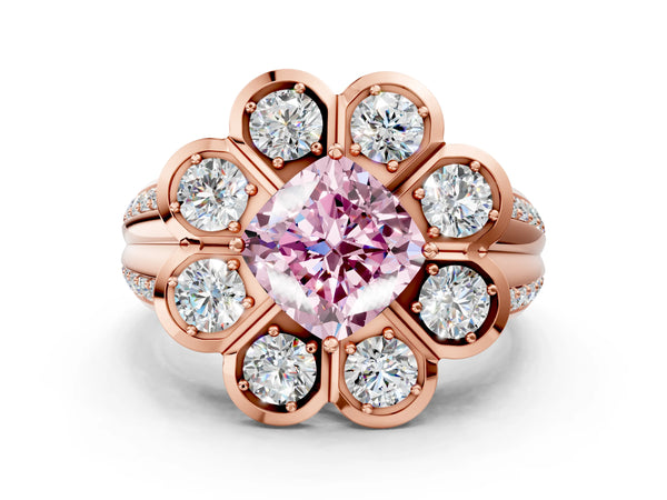 Rose gold Fancy Pink Cushion  Brilliant Flower Halo Diamond Split Shank Ring