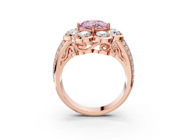 Rose gold Fancy Pink Cushion  Brilliant Flower Halo Diamond Split Shank Ring