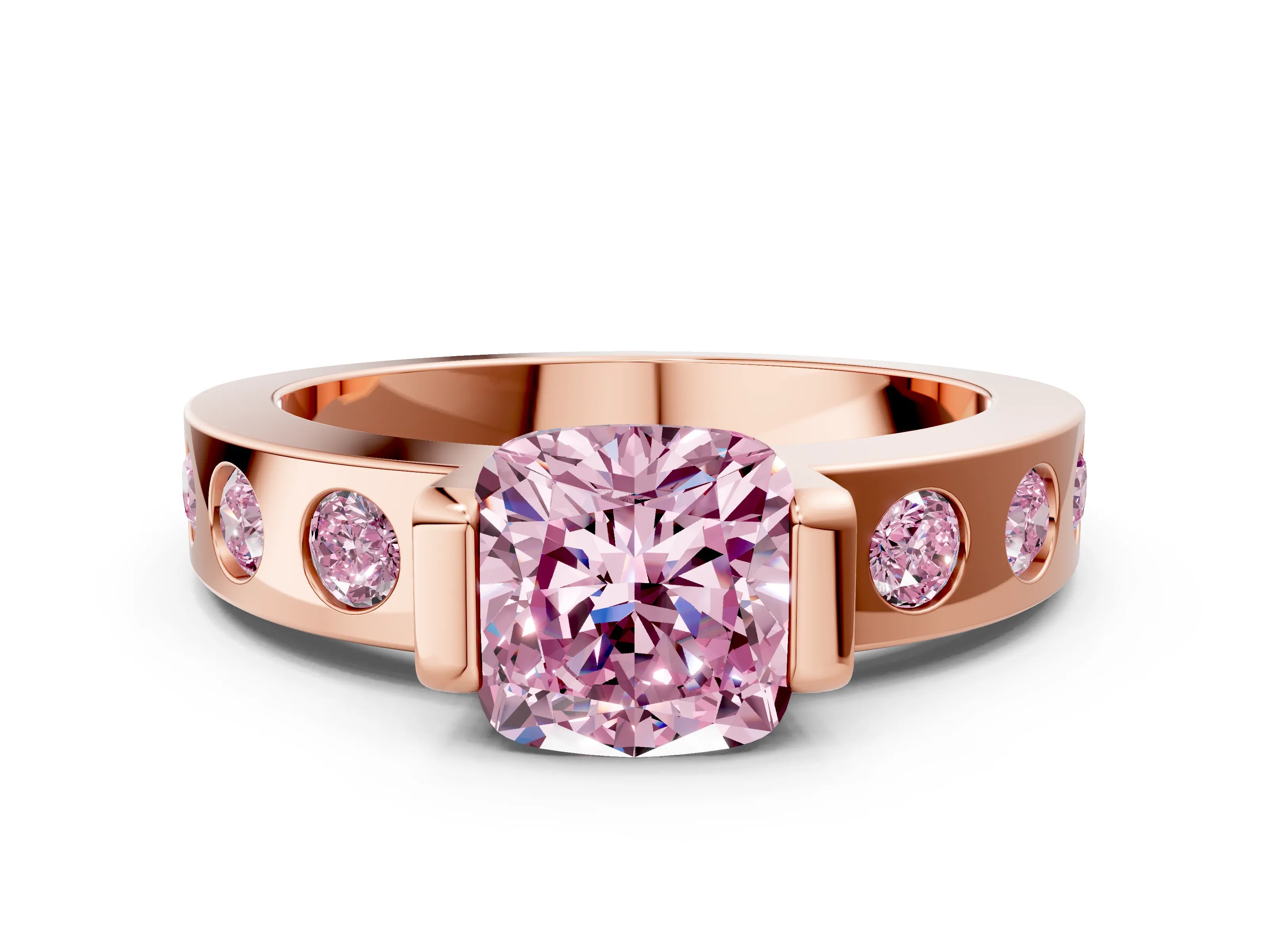 Rose gold Fancy Pink Cushion Cut Brilliant Channel-Set Diamond Ring with Bezel Prong Setting