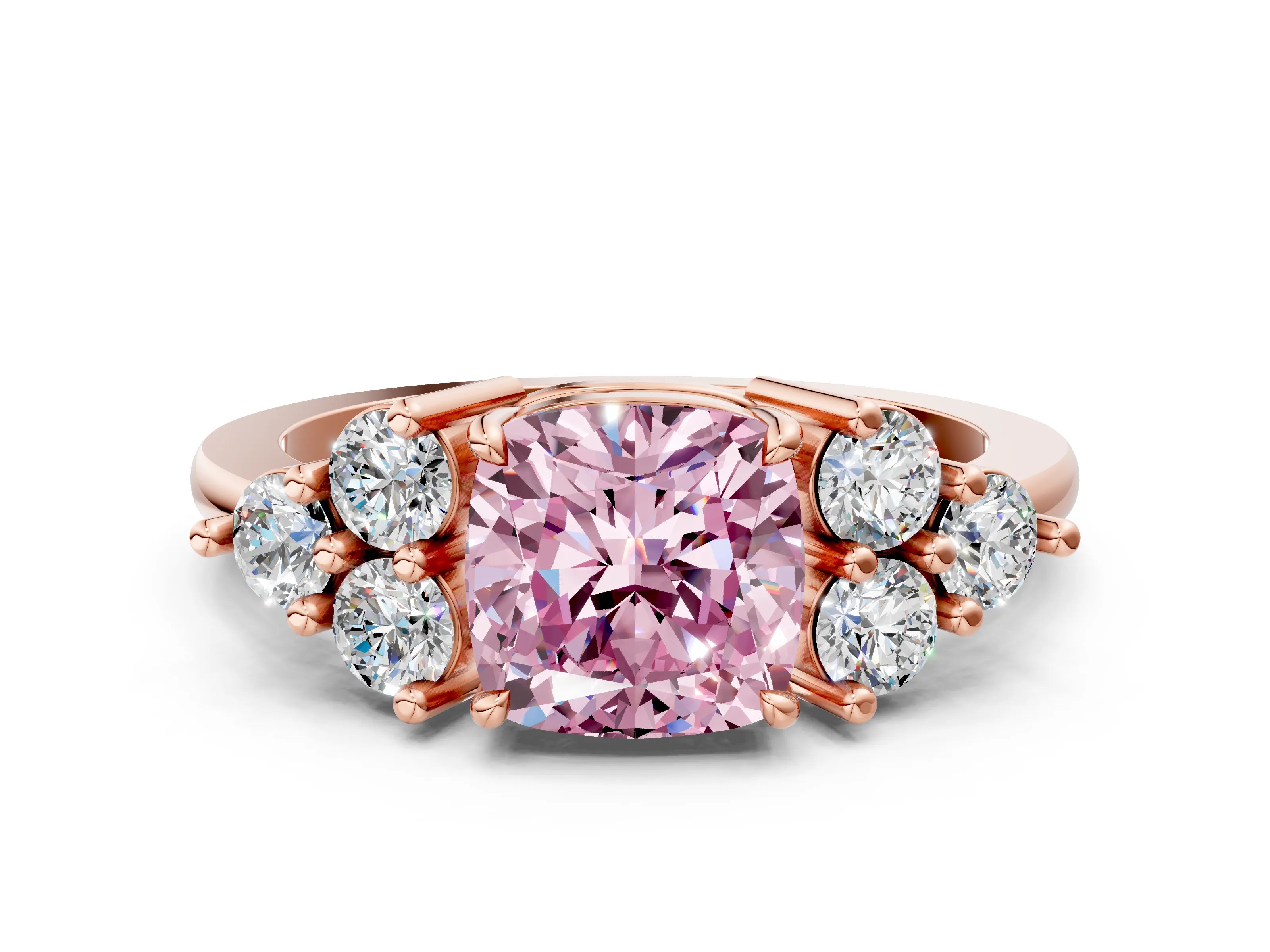 Rose gold Fancy Pink Cushion Cut Brilliant Diamond Cluster Accent Solitaire Ring with Prong Setting