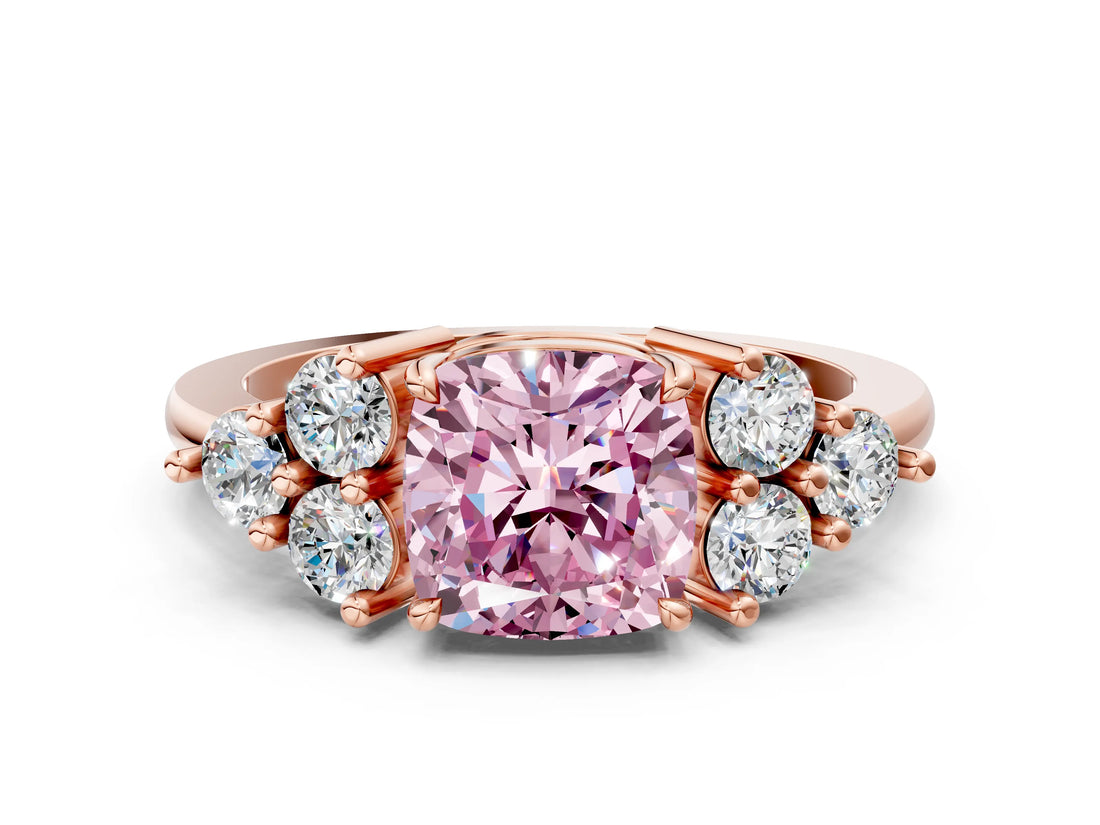 Rose gold Fancy Pink Cushion Cut Brilliant Diamond Cluster Accent Solitaire Ring with Prong Setting