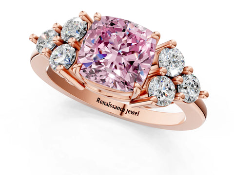 Rose gold Fancy Pink Cushion Cut Brilliant Diamond Cluster Accent Solitaire Ring with Prong Setting_1