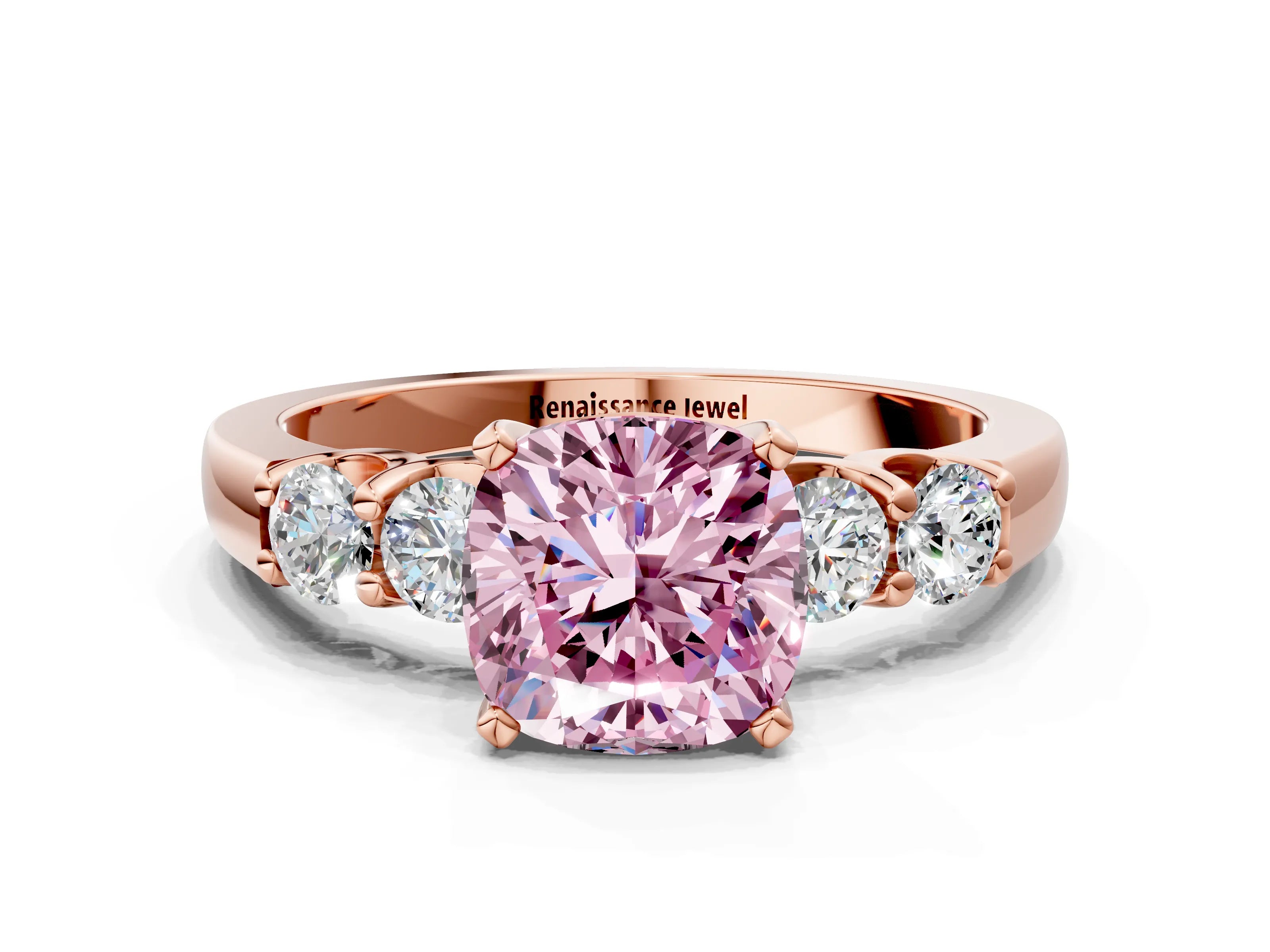 Rose gold Fancy Pink Cushion Cut Brilliant Diamond Five-Stone Engagement Ring with Prong Setting on a Classic Band_3