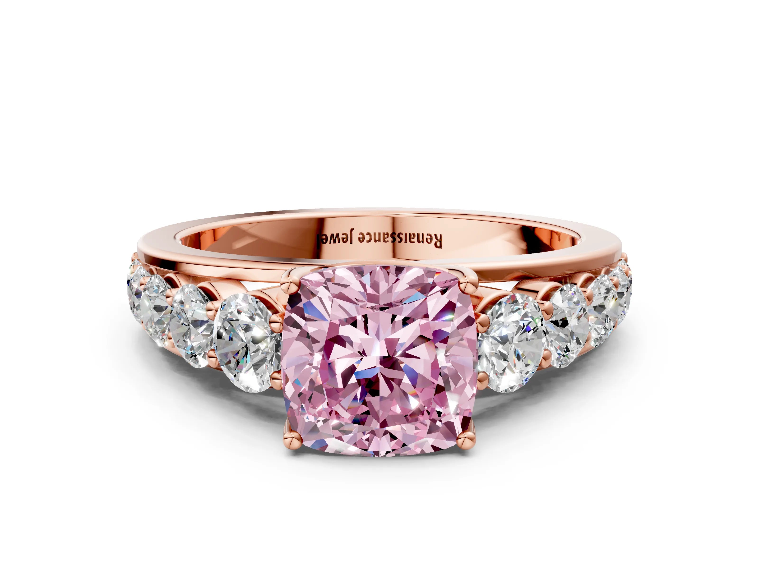 Rose gold Fancy Pink Cushion Cut Brilliant Diamond Pavé Band with Six-Prong Setting