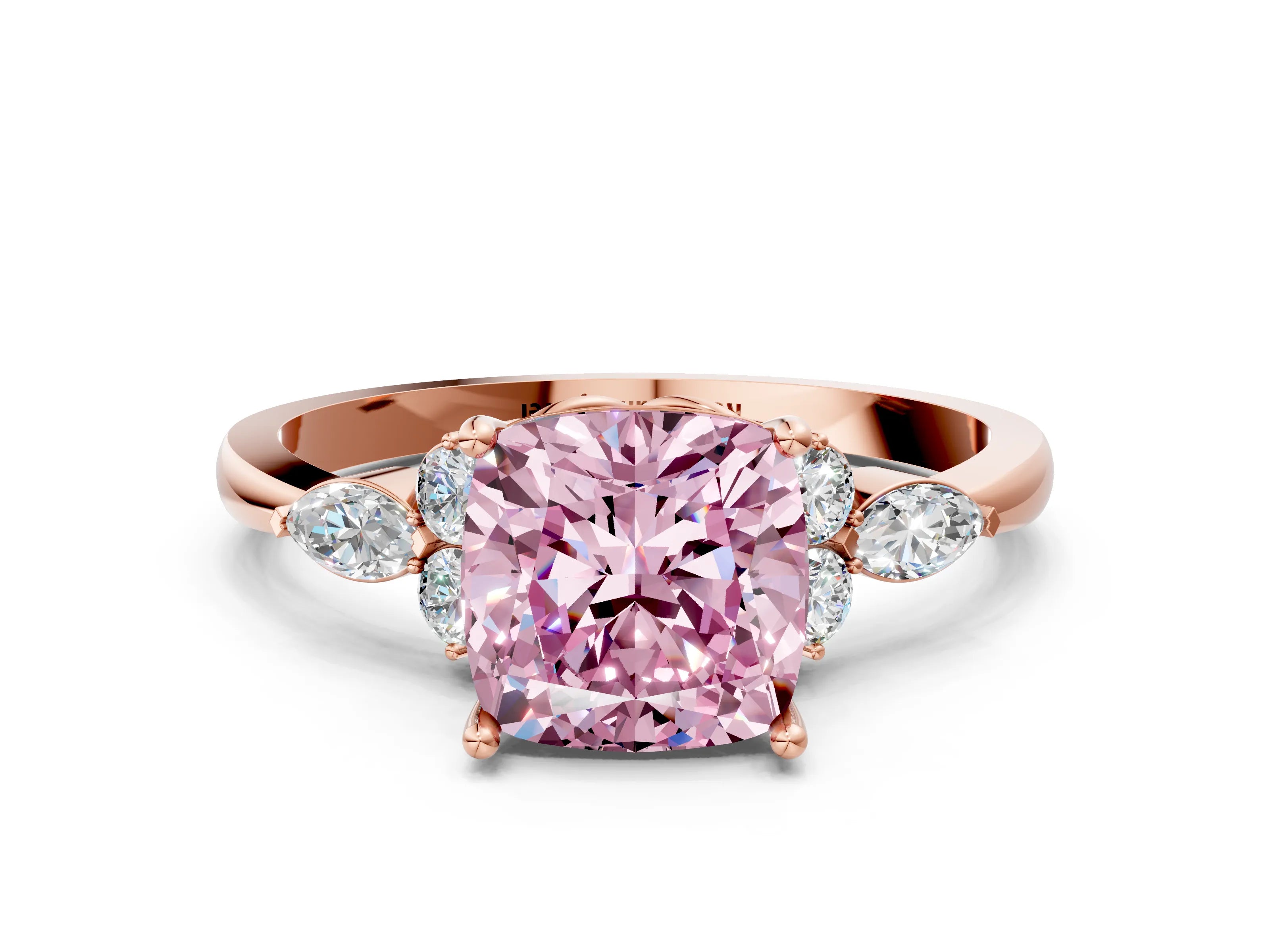 Rose gold Fancy Pink Cushion Cut Brilliant Diamond Solitaire Ring with Pear Side Stones and Four-Prong Setting_3