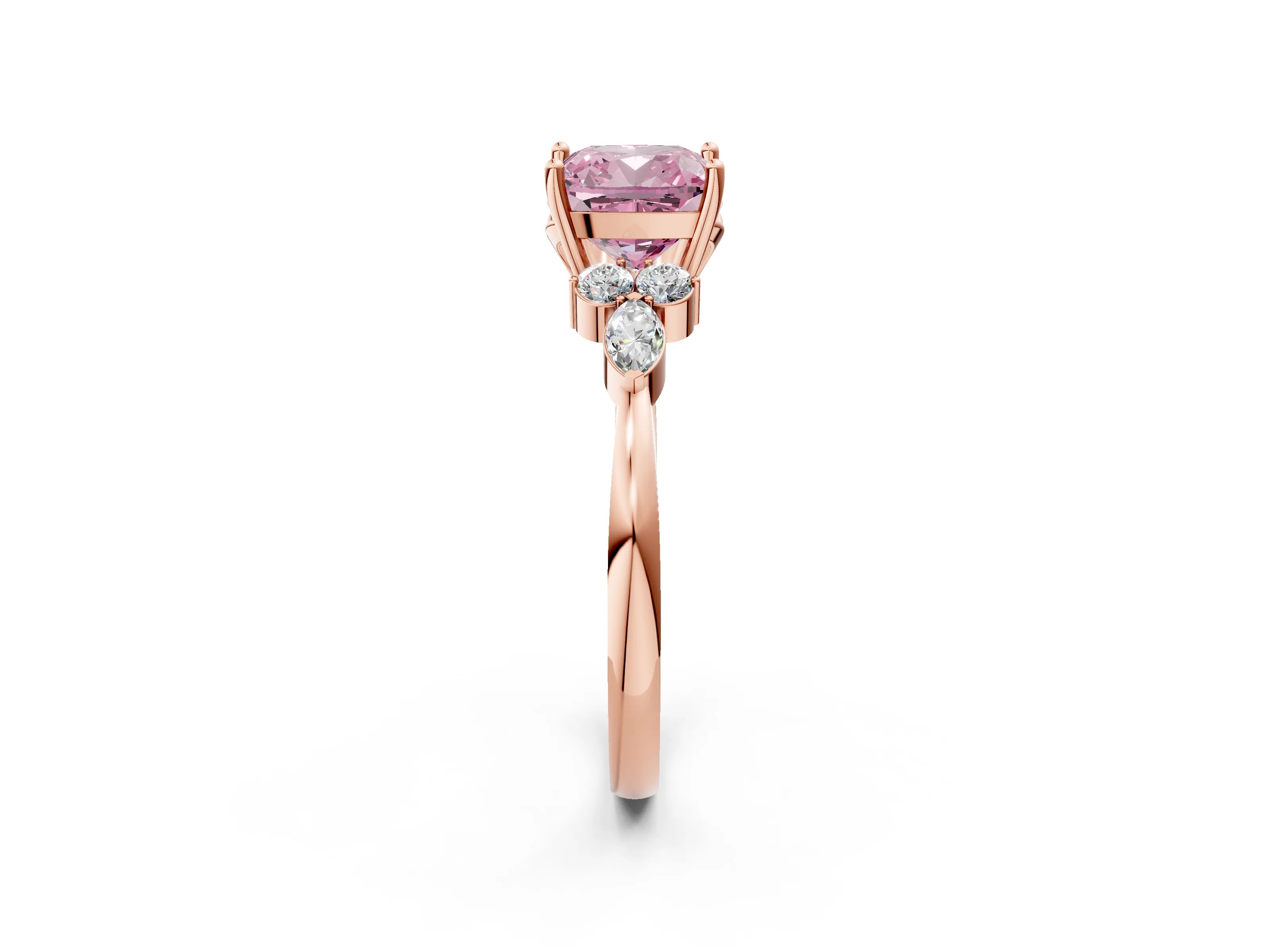 Rose gold Fancy Pink Cushion Cut Brilliant Diamond Solitaire Ring with Pear Side Stones and Four-Prong Setting_5
