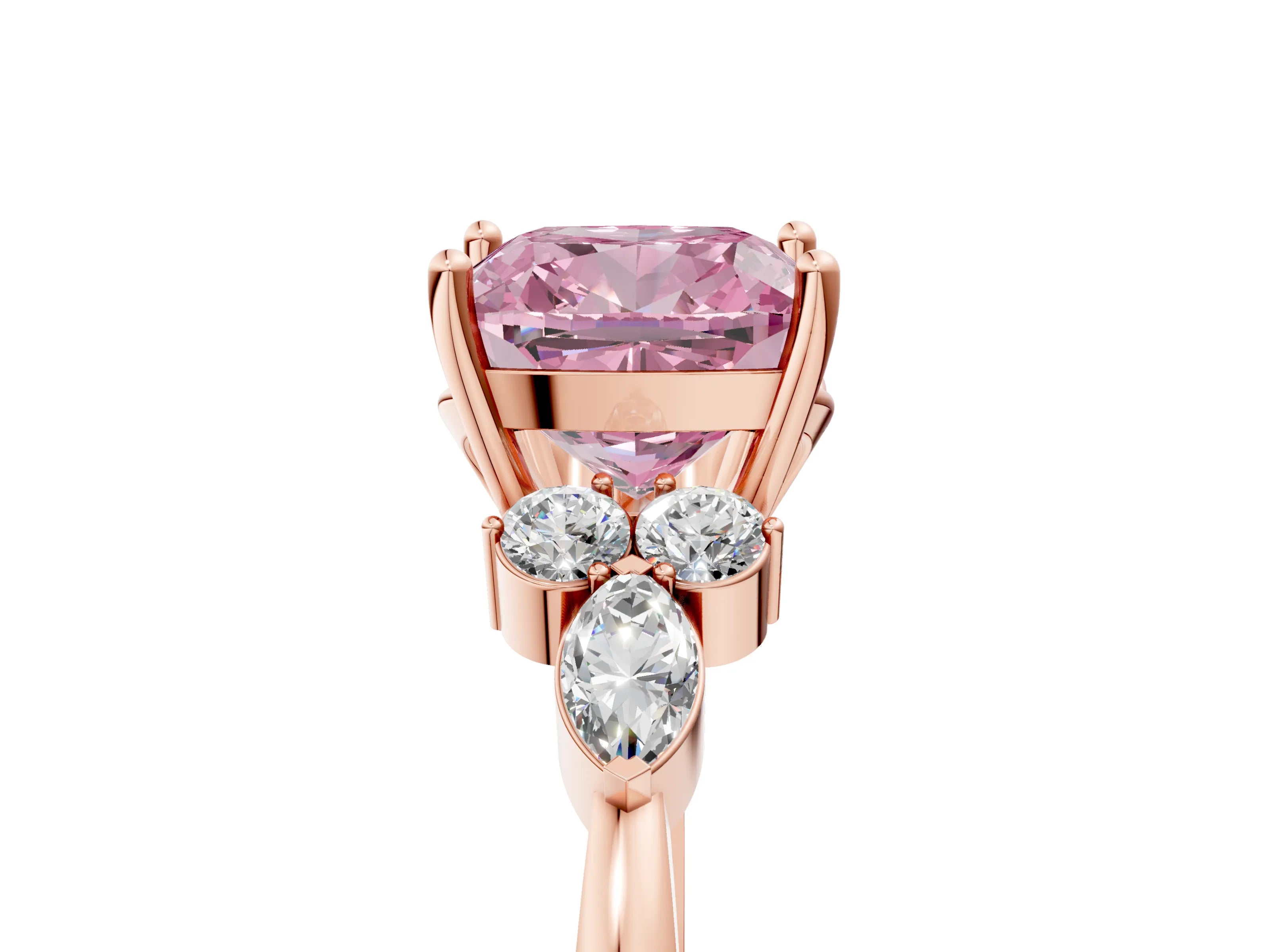 Rose gold Fancy Pink Cushion Cut Brilliant Diamond Solitaire Ring with Pear Side Stones and Four-Prong Setting_8