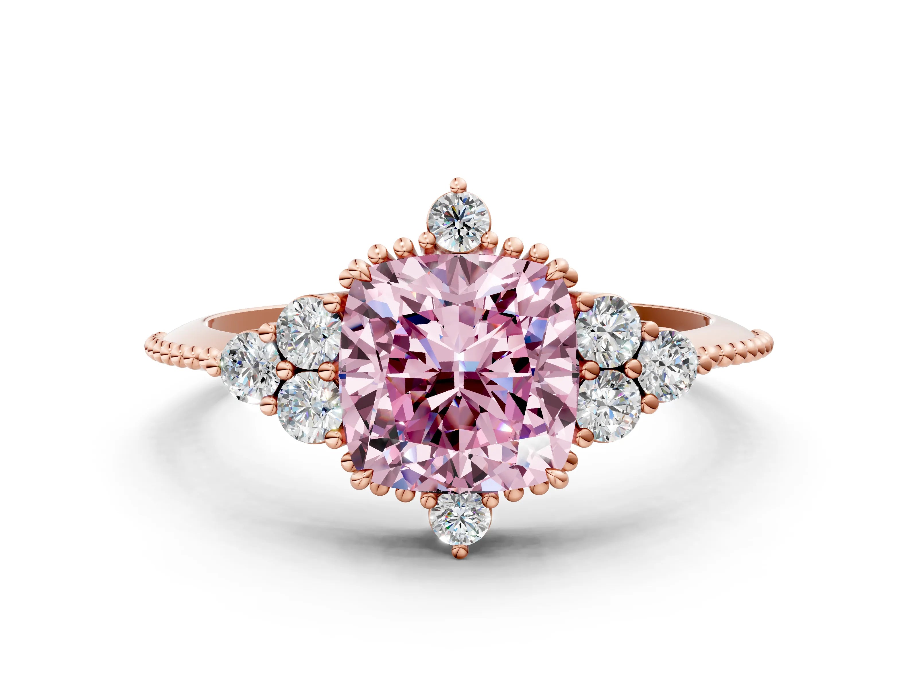 Rose gold Fancy Pink Cushion Cut Brilliant Diamond with Cluster Setting on a Beaded Band and Four-Prong Setting