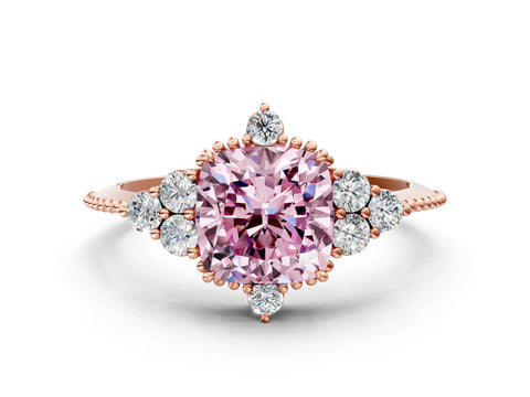 Rose gold Fancy Pink Cushion Cut Brilliant Diamond with Cluster Setting on a Beaded Band and Four-Prong Setting