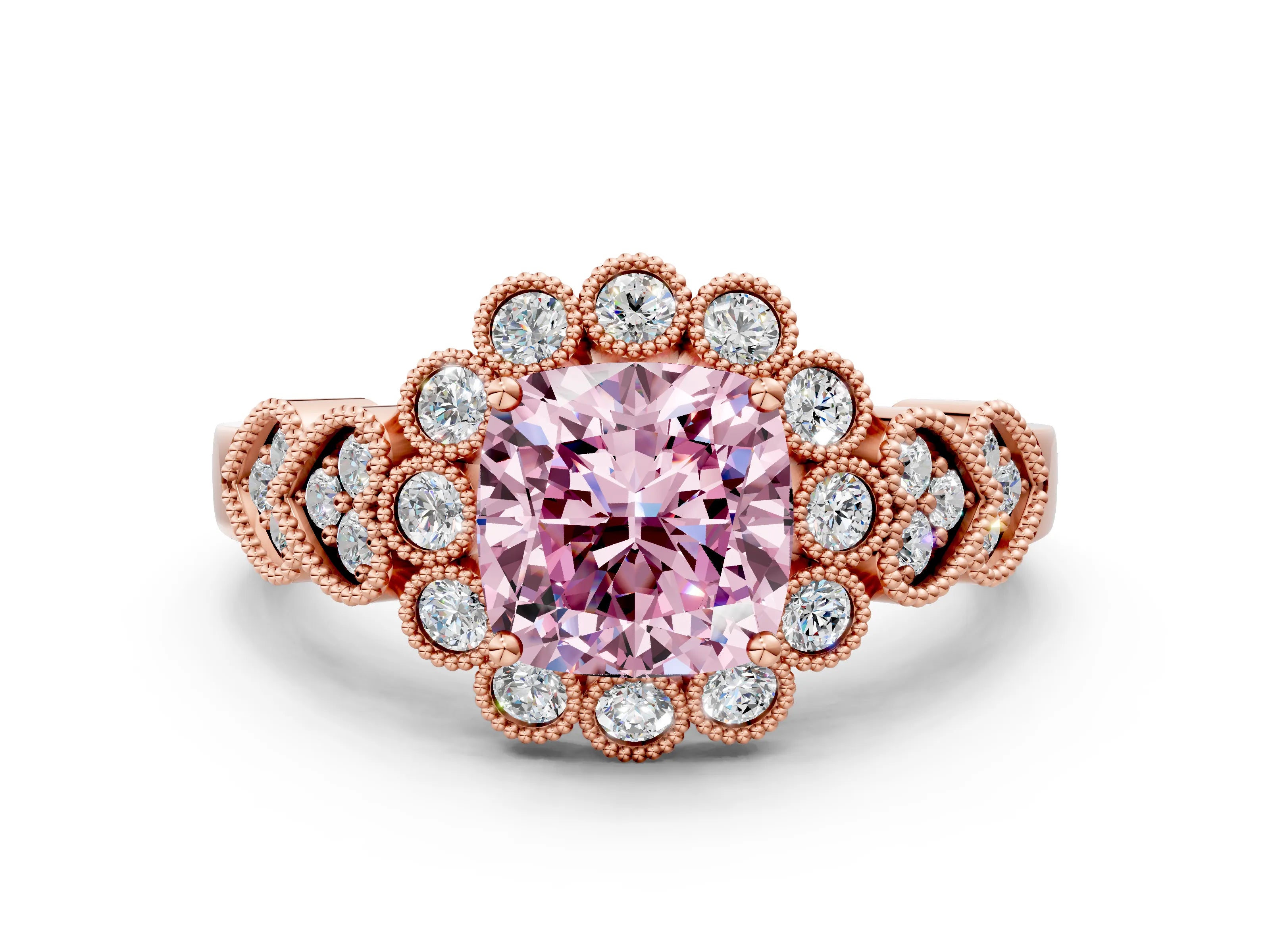 Rose gold Fancy Pink Cushion Cut Brilliant Milgrain Pave Heart Band Solitaire Ring