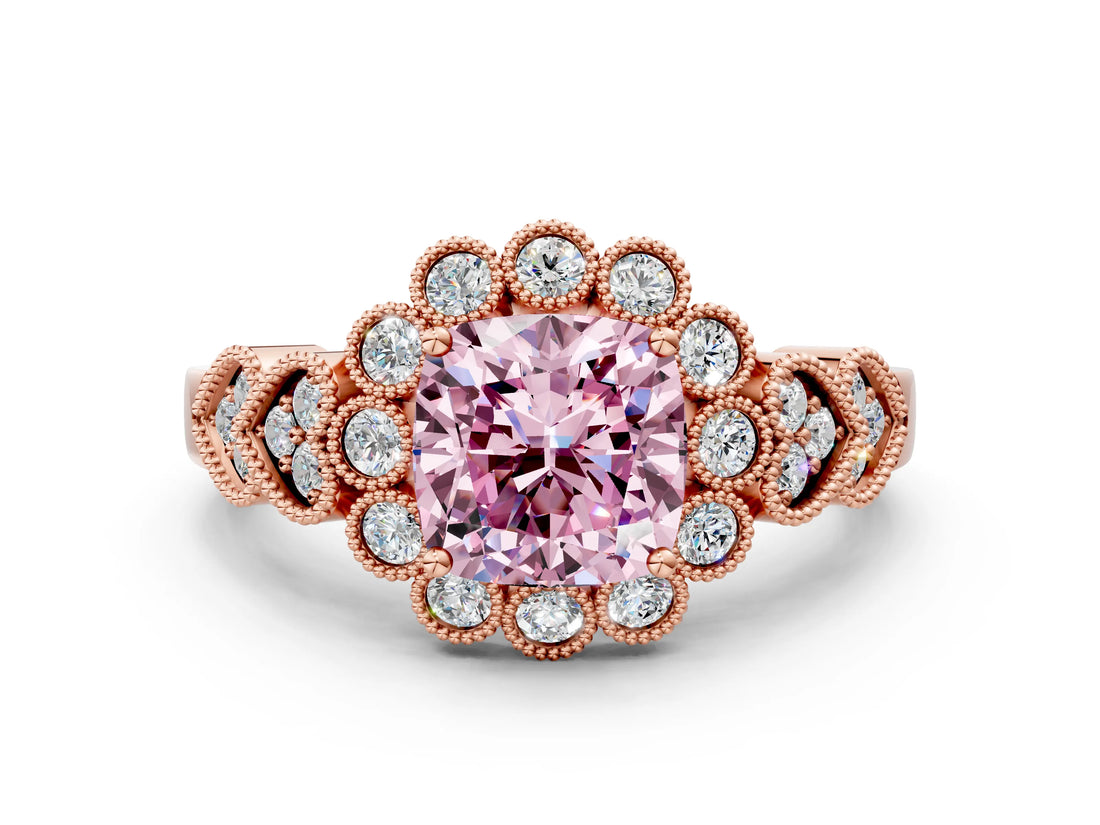 Rose gold Fancy Pink Cushion Cut Brilliant Milgrain Pave Heart Band Solitaire Ring