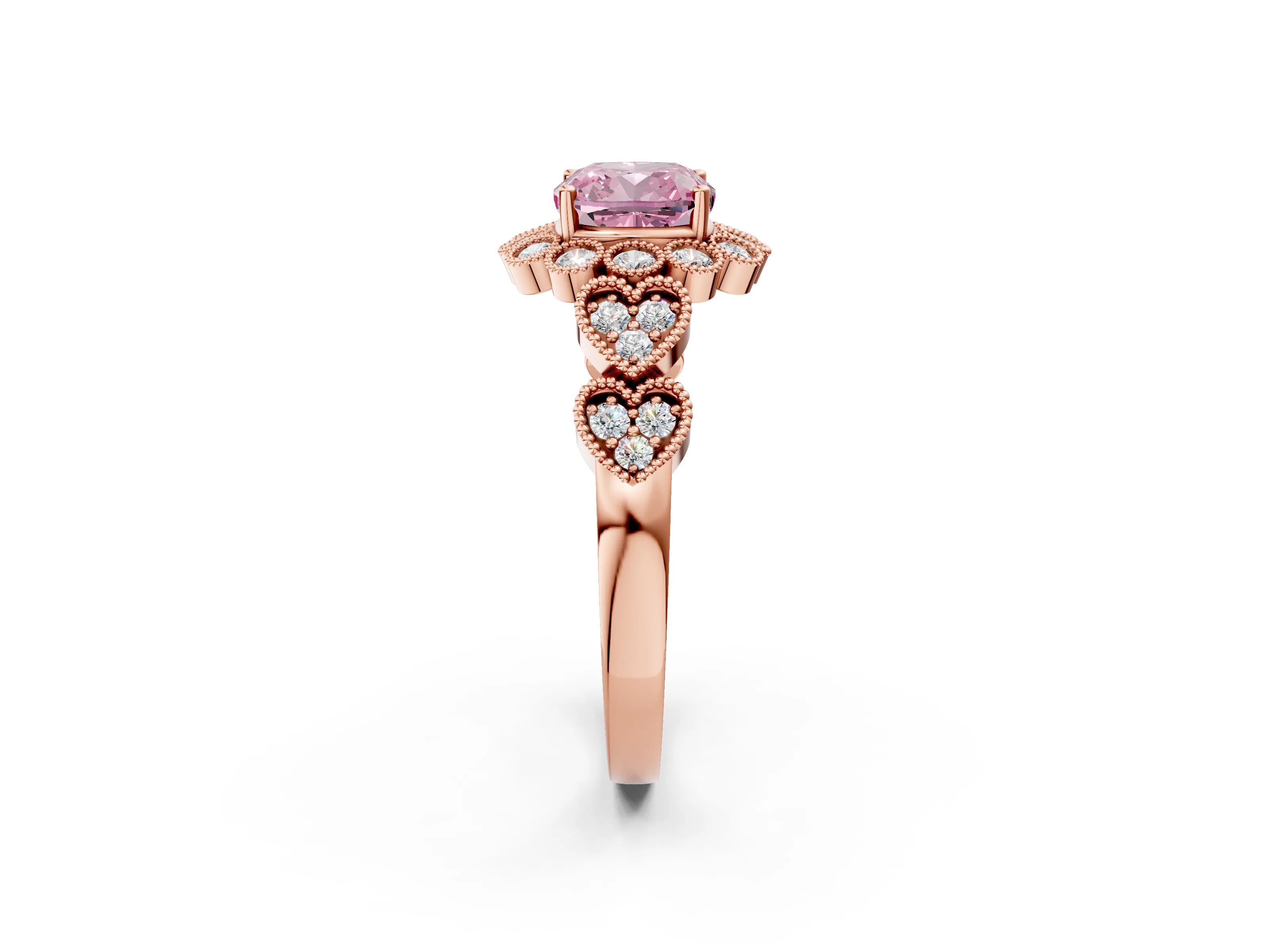 Rose gold Fancy Pink Cushion Cut Brilliant Milgrain Pave Heart Band Solitaire Ring_2