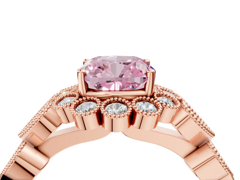 Rose gold Fancy Pink Cushion Cut Brilliant Milgrain Pave Heart Band Solitaire Ring_4
