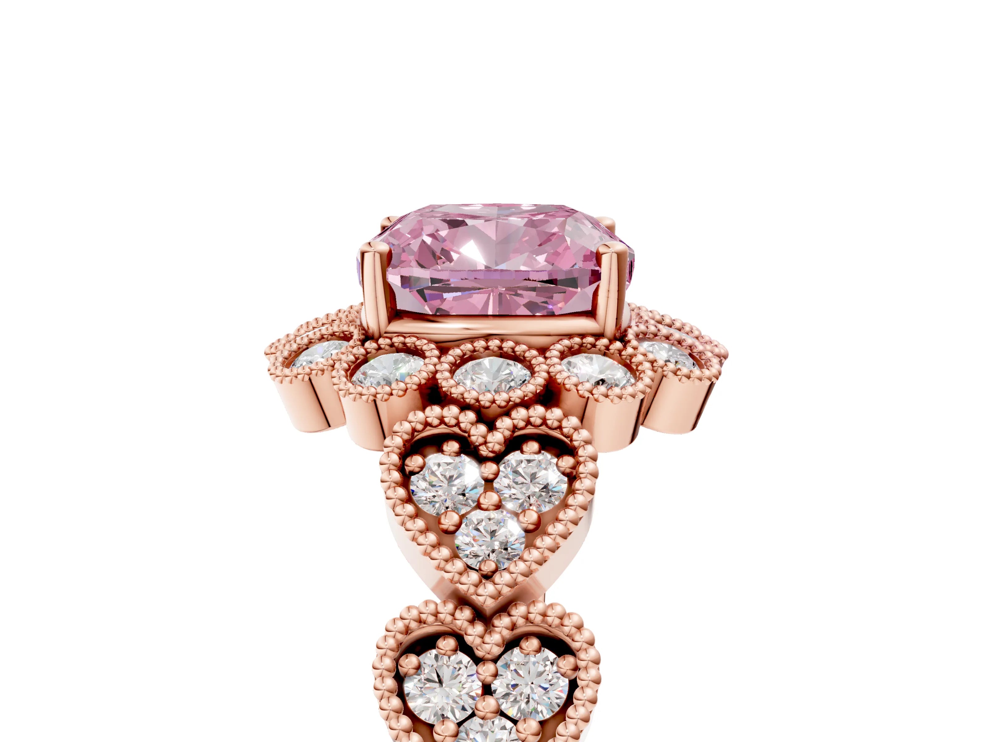 Rose gold Fancy Pink Cushion Cut Brilliant Milgrain Pave Heart Band Solitaire Ring_5