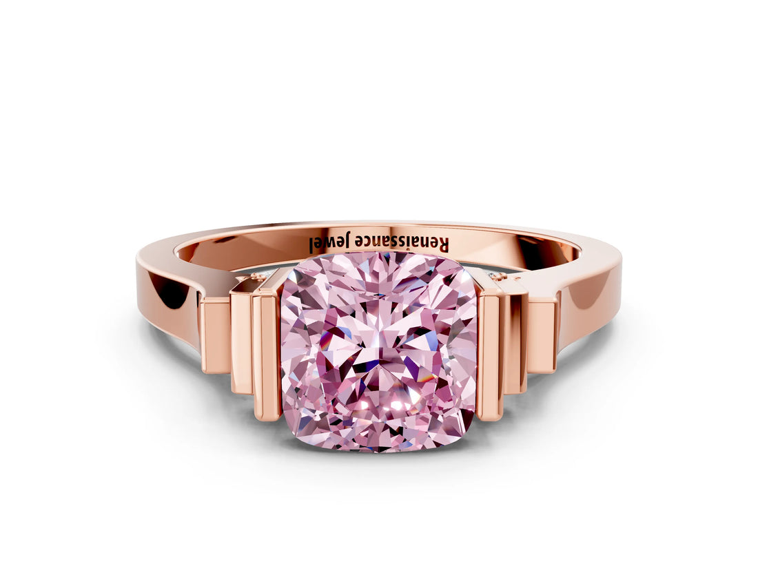 Rose gold Fancy Pink Cushion Cut Brilliant Solitaire Diamond Ring with Channel Set Band and Bar Prong Setting