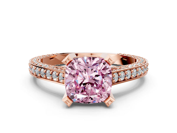 Rose gold Fancy Pink Cushion Cut Brilliant Split Shank Pave Solitaire Ring with Four-Prong Setting