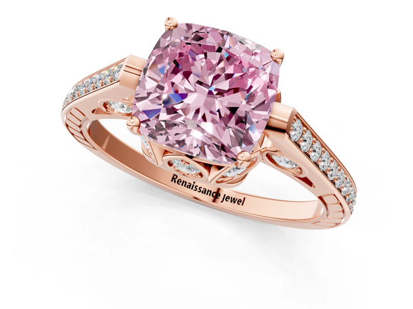 Rose gold Fancy Pink Cushion  Cut Cathedral Pave Diamond Engagement Ring with Six-Prong Setting