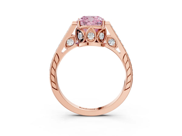 Rose gold Fancy Pink Cushion  Cut Cathedral Pave Diamond Engagement Ring with Six-Prong Setting