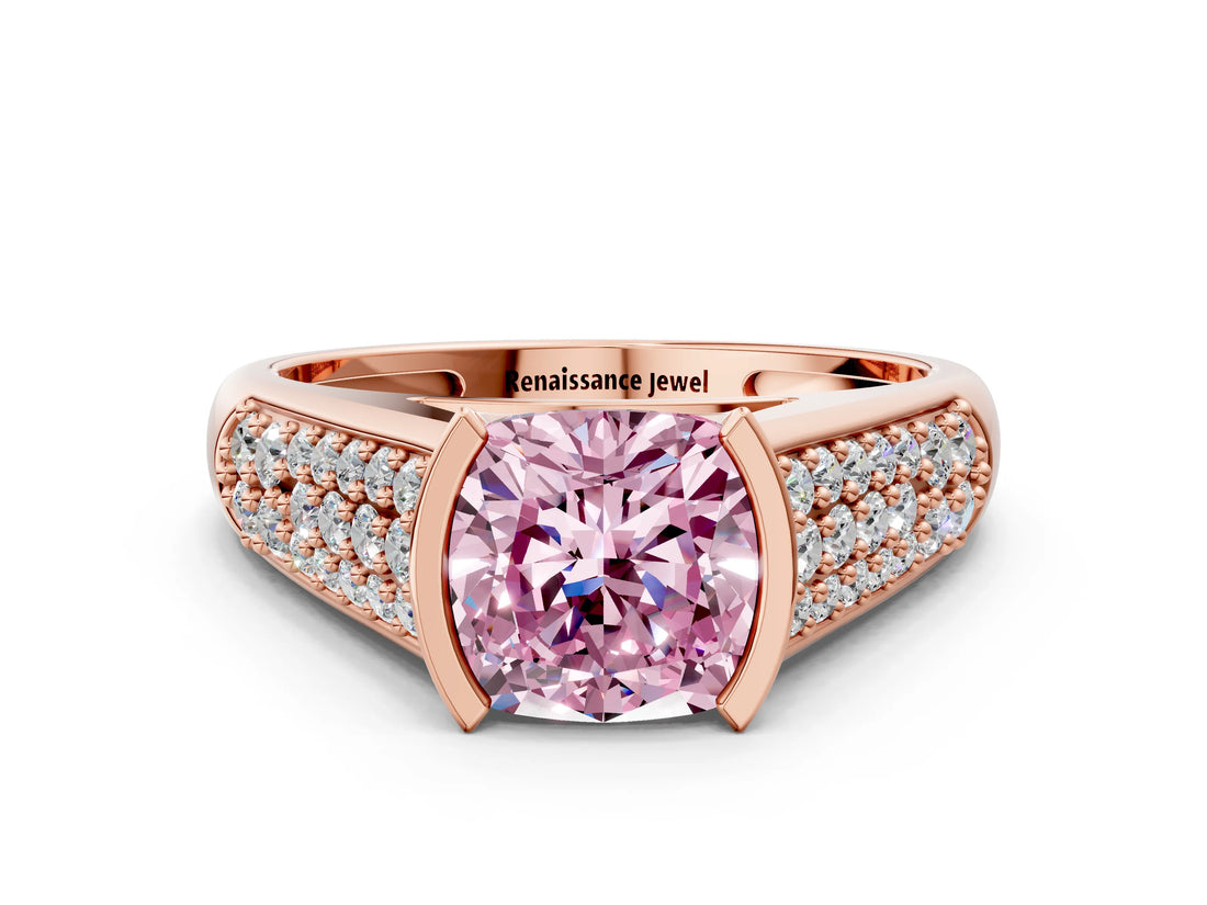 Rose gold Fancy Pink Cushion Cut Cut Diamond Channel Set Pave Band with Tension Prong Setting