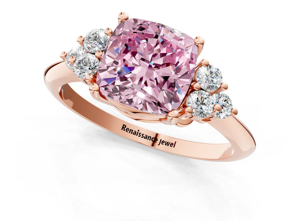 Rose gold Fancy Pink Cushion Cut Cut Diamond Cluster Ring with Solitaire Band and Four-Prong Setting
