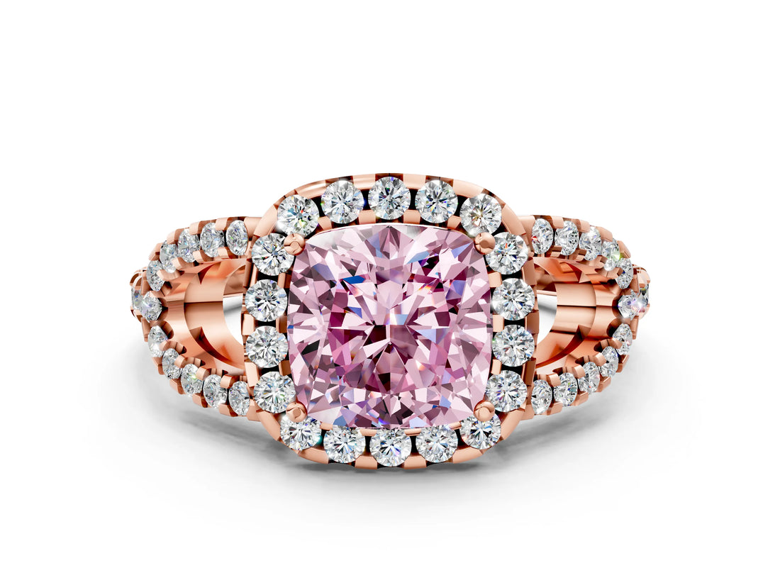 Rose gold Fancy Pink Cushion Cut Cut Diamond Halo Engagement Ring with Open Split Pavé Band