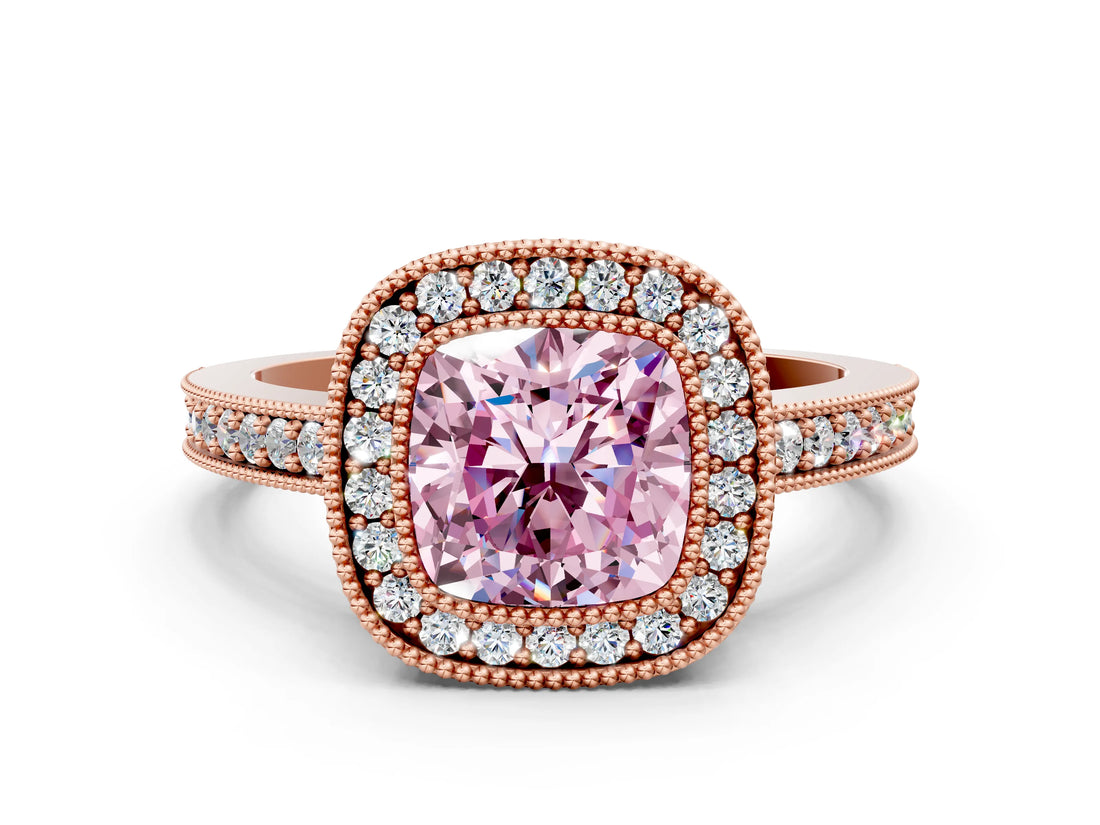 Rose gold Fancy Pink Cushion Cut-Cut Diamond Halo Engagement Ring with Pave Band and Prong Setting