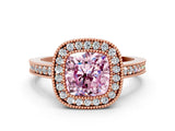 Rose gold Fancy Pink Cushion Cut-Cut Diamond Halo Engagement Ring with Pave Band and Prong Setting